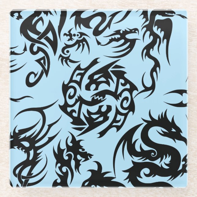 Dessous-de-verre En Verre Dragons noirs motif contour.b L BG bleu (Devant)