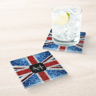 Dessous-de-verre En Verre Drapeau britannique rouge bleu blanc paillettes sc