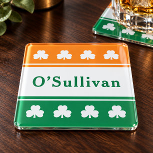 Dessous-de-verre En Verre Drapeau Irlandais Trèfle Monogramme Nom de Famille