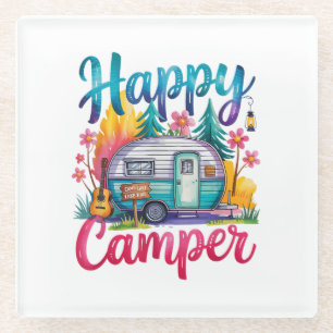 Dessous-de-verre En Verre Drôle Happy Camper Équipement de Camping Remorque