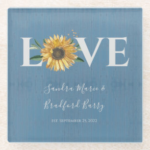 Dessous-de-verre En Verre Dusty Blue Barn Wood, Mariage de tournesol doré