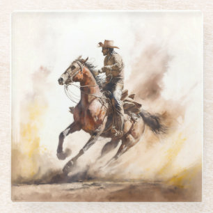 Dessous-de-verre En Verre Dusty Western Watercolor Cowboy Riding Mustang