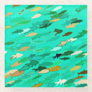 Dessous-de-verre En Verre École de Poisson, Aqua, Vert et Or
