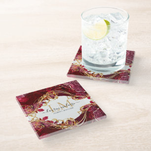 Dessous-de-verre En Verre Écriture Monogramme Élégante Rouge Cerise & Or