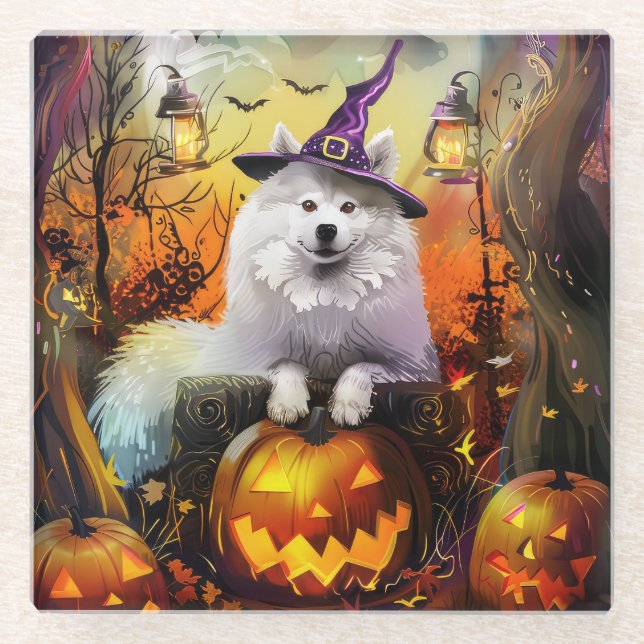 Dessous-de-verre En Verre Éffrayant Samoyed Chien Halloween sorcière et Citr (Devant)