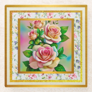 Dessous-de-verre En Verre Élégance Roses Rose et Jaune Aquarelle Pastel