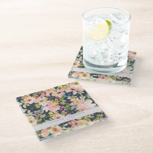 Dessous-de-verre En Verre Elégant Aquarelle de marine rose Floral Custom Wed