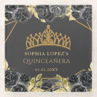 Elégant Black Gold Floral Tiara Quinceanera