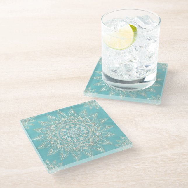 Dessous-de-verre En Verre Elégant Blanc Gold Mandala Sky Blue Design (Incliné)