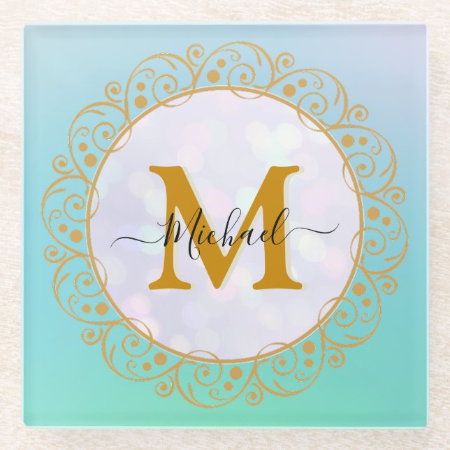 Dessous-de-verre En Verre Elegant Gold Glitter Initial & Name (Devant)
