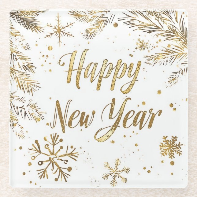 Dessous-de-verre En Verre Elegant Gold “Happy New Year” Glass Coaster (Devant)