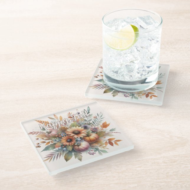 Dessous-de-verre En Verre Élégant Happy Fall Citrouille Flower Bouquet Motif (Incliné)