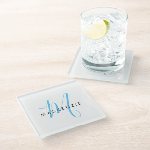 Dessous-de-verre En Verre Élégant Moderne Ciel Blanc Bleu Monogramme Script