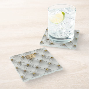 Dessous-de-verre En Verre Élégant Moderne Cuir Blanc Tufté Or