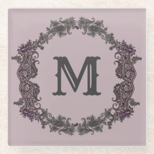 Dessous-de-verre En Verre Élégant Monogramme encadré de violet et d'argent