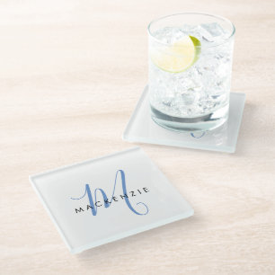 Dessous-de-verre En Verre Élégant Monogramme moderne bleu blanc