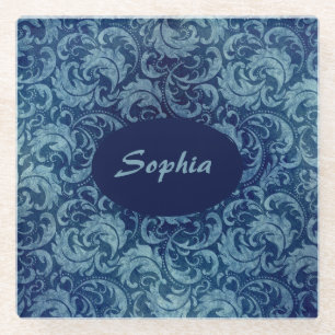 Dessous-de-verre En Verre Elégant motif de Damas Vintage bleu