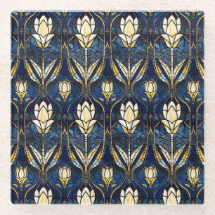 Dessous-de-verre En Verre Élégant motif de faux vitrail en lotus doré