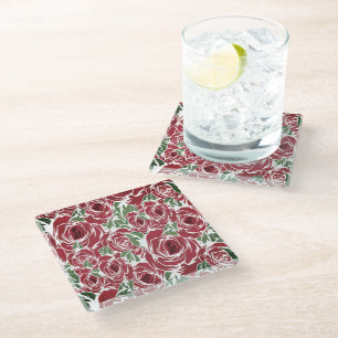 Dessous-de-verre En Verre Elégant Motif Rose Vintage - Rouge & Vert Floral