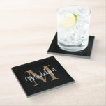 Dessous-de-verre En Verre Élégant Noir Monogramme Or Feminine Nom du script<br><div class="desc">Élégant Monogramme d'or noir Feminine Script Name Dessous de verre en verre. Personnalisez facilement ce dessous de verre en verre élégant et moderne avec votre monogramme et votre nom personnalisés.</div>
