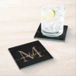 Dessous-de-verre En Verre Élégant Noir Monogramme Or Feminine Nom du script<br><div class="desc">Élégant Noir Monogramme Or Feminine Script Nom Dessous de verre en verre</div>