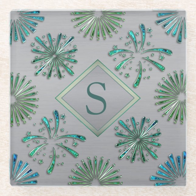 Dessous-de-verre En Verre Elegant Ornate Blue Green Pattern Monogram (Devant)