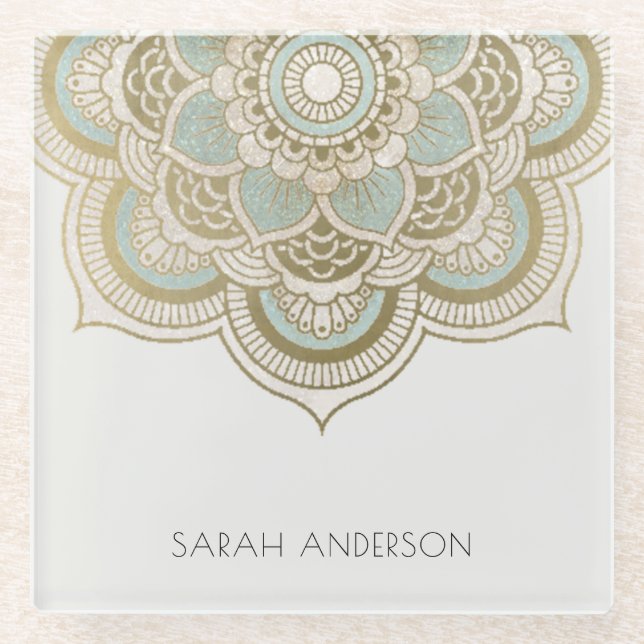 Dessous-de-verre En Verre Elégant Ornate Gold Foil Turquoise Turquoise Manda (Devant)