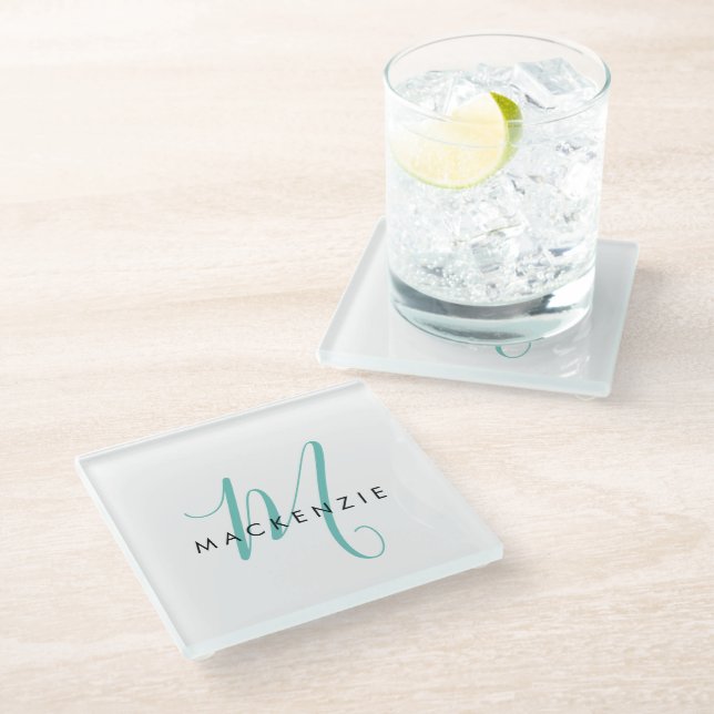 Dessous-de-verre En Verre Élégant Turquoise de script blanc moderne Monogram (Incliné)