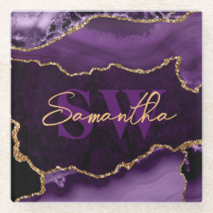 Dessous-de-verre En Verre Élégant violet et Parties scintillant d'or de Faux