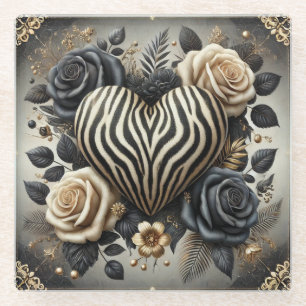 Dessous-de-verre En Verre Elégant Zebra Print Heart & Rose