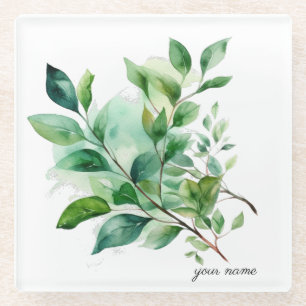 Dessous-de-verre En Verre Elégante aquarelle de feuillage vert, personnalisé