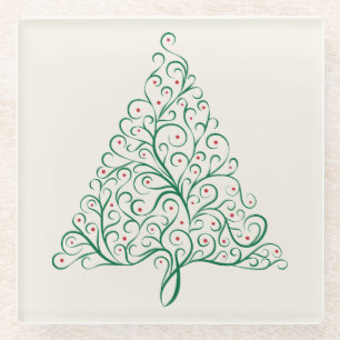 Dessous-de-verre En Verre Élégante calligraphie rouge et verte Arbre de Noël
