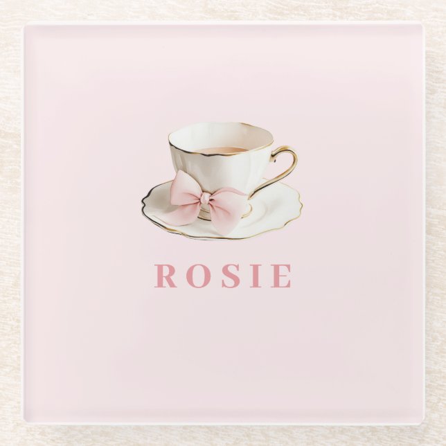 Dessous-de-verre En Verre Elégante Coquette Preppy Pink Teacup avec Bow (Devant)