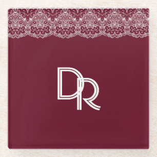 Dessous-de-verre En Verre Elégante dentelle blanche Vintage bordeaux Maroon