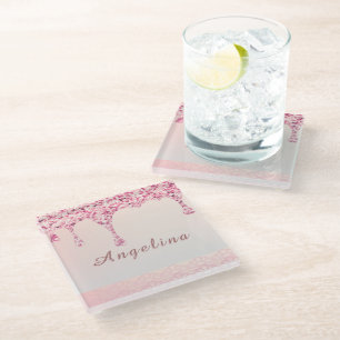 Dessous-de-verre En Verre Élégante Goutte de Paillettes Rose Glamour