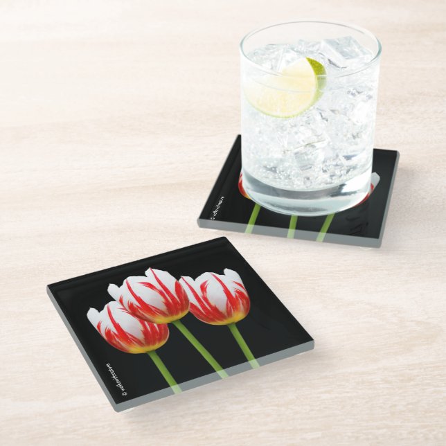 Dessous-de-verre En Verre Élégantes Tulipes à feuilles d'érable blanc rouge (Incliné)