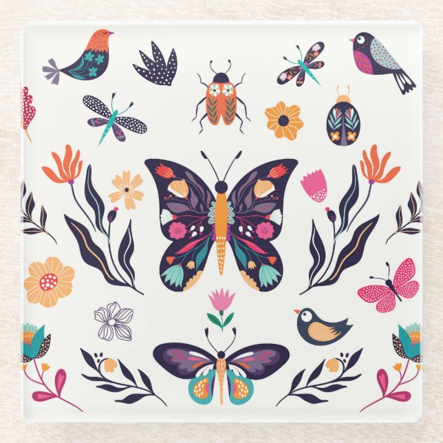 Dessous-de-verre En Verre Eléments de printemps Papillons Oiseaux Fleurs (Devant)
