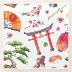 Dessous-de-verre En Verre Éléments japonais Aquarelle texture transparente