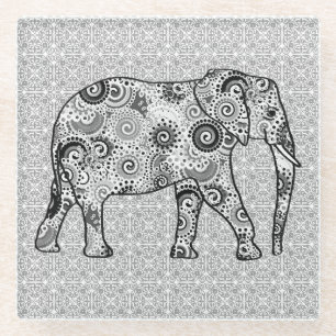 Dessous-de-verre En Verre Éléphale tourbillon fractal - gris, noir et blanc