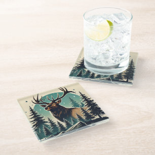 Dessous-de-verre En Verre Elk dans une forêt stylisée avec ciel étoilé