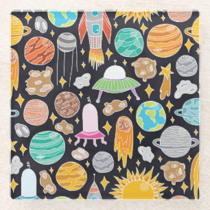 Dessous-de-verre En Verre Espace Doodle : Cosmos Vintages Dessinés À La Main