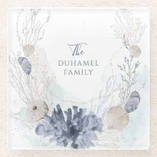 Dessous-de-verre En Verre Ethéal Aquarelle Côtière Corail Famille de coquill