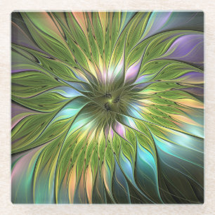 Dessous-de-verre En Verre Fantaisie de fleurs fractales en couleurs lumineus