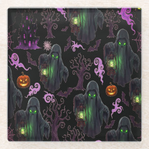 Dessous-de-verre En Verre Fantôme avec lanterne et yeux verts Halloween Nuit