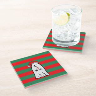 Dessous-de-verre En Verre Fantôme de Noël sur rayures rouges et vertes