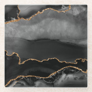 Dessous-de-verre En Verre Fausse Agate Marbrée Grise Paillettes Dorées Pierr
