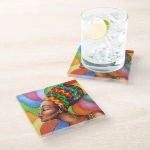 Dessous-de-verre En Verre Femme africaine avec cire tissu traditionnel