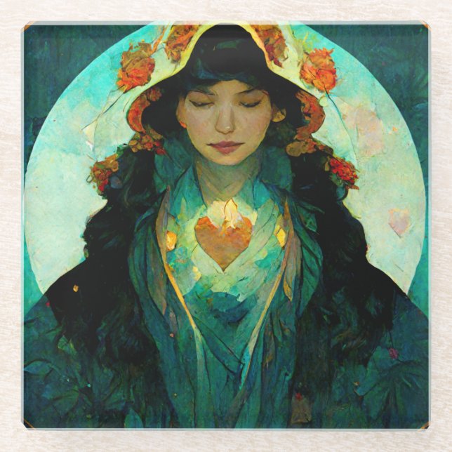 Dessous-de-verre En Verre Femme au coeur brillant Imaginaire Sci-Fi (Devant)