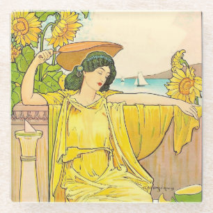 Dessous-de-verre En Verre Femme au Tournesol Art Nouveau Illustration Vintag