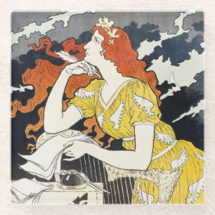 Dessous-de-verre En Verre Femme aux Cheveux Rouges Robe Jaune Art Nouveau Cl